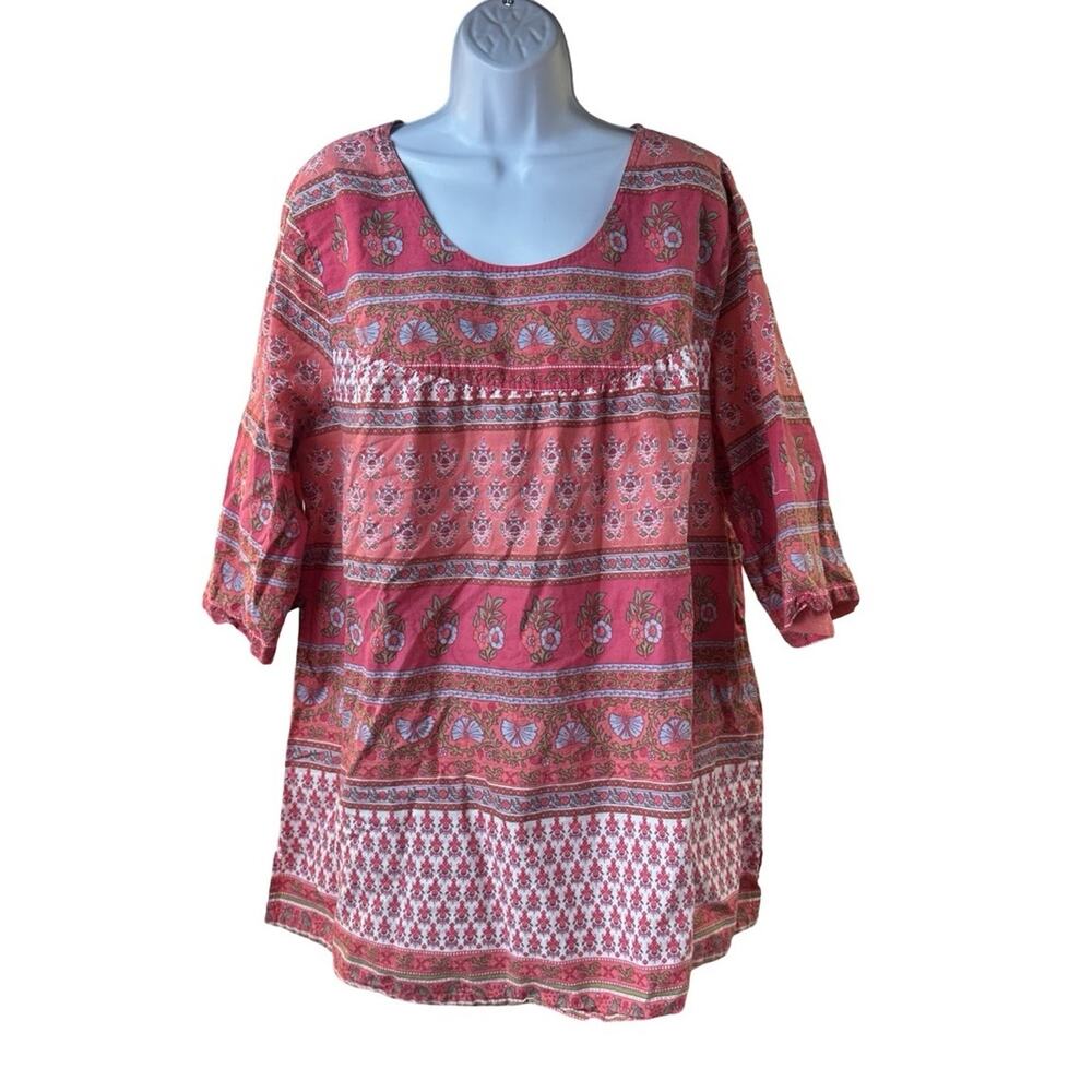 The Vermont Country Store Women’s 2X Boho India Print Tunic Top Pink 100% Cotton